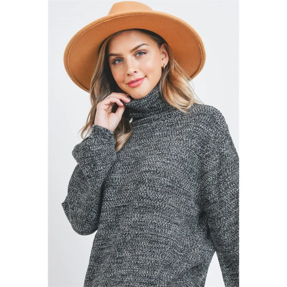 TURTLENECK MELANGE BALLOON SLEEVE SWEATER- BLACK - Picture 3 of 9